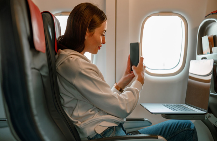 Young woman with long brown hair using smartphone during flight.
