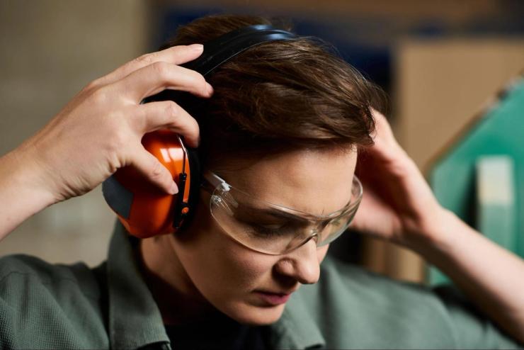 Natural ways to protect your hearing and prevent hearing loss by wearing protective earmuffs and safety glasses in a noisy work environment