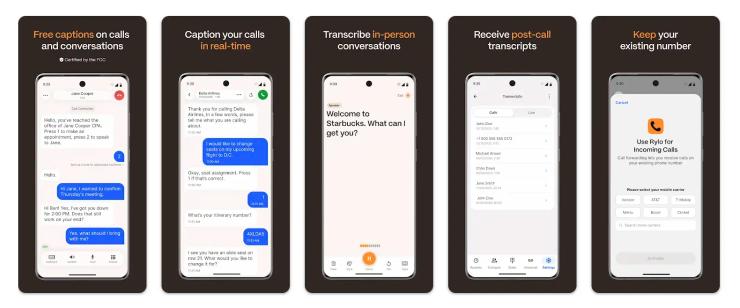 Rylo speech-to-text app for Android showing live call captions, conversation transcription, post-call transcripts, and accessibility features for deaf users.