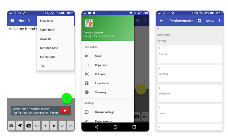 Speech-to-text Android app showing voice note settings, text replacements, and export options in 2026