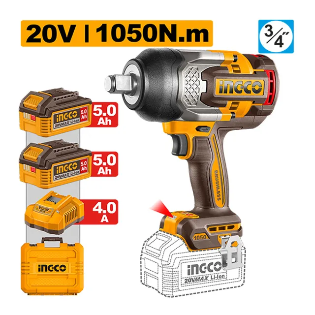 БАТЕРИСКИ УДАРЕН ОДВРТУВАЧ ЗА ГУМИ INGCO 20V 1050NM 2×5.0AH – CIWLI201056