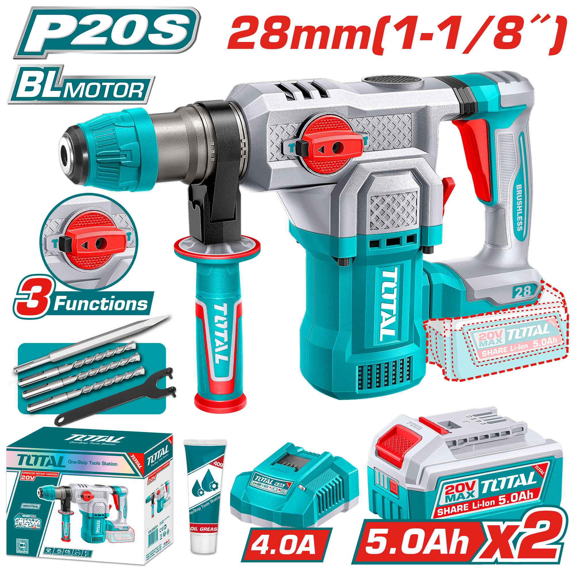 Çekiç-stërvitje përplasëse SDS+ 28mm 20V 2×5.0Ah TOTAL TRHLI202862