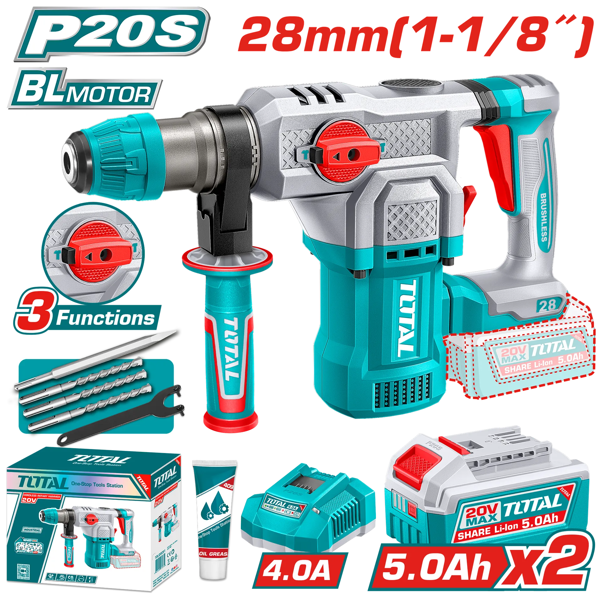 Çekiç-stërvitje përplasëse SDS+ 28mm 20V 2×5.0Ah TOTAL TRHLI202862