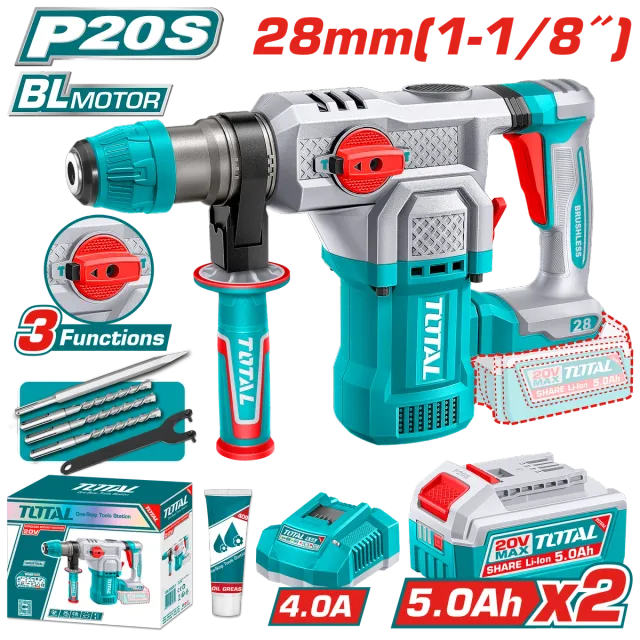 УДАРЕН ЧЕКАН ДУПЧАЛКА SDS+ 28mm 20V 2×5.0Ah TOTAL TRHLI202862