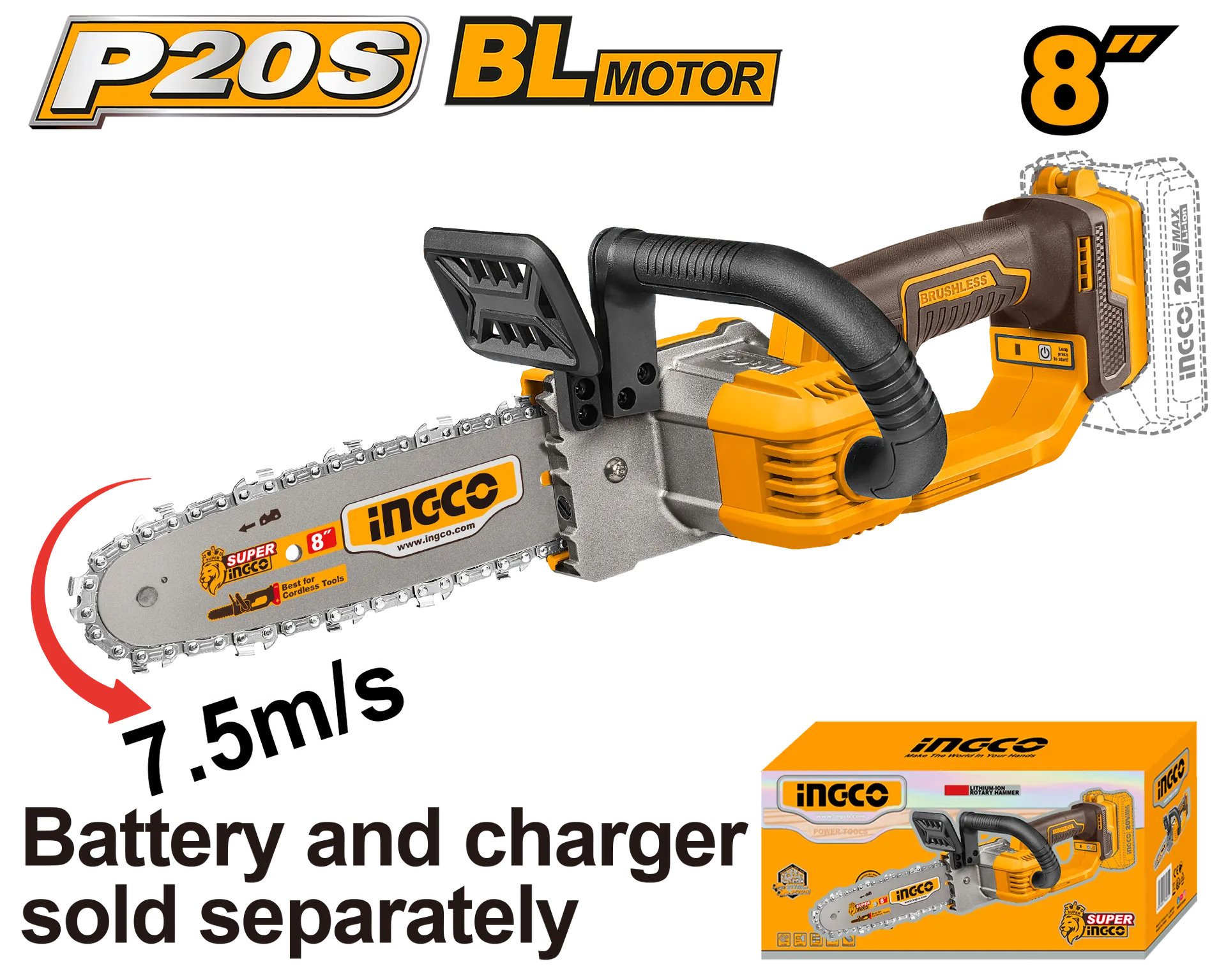 Motorrjeta bateri 8" (200mm) 20V solo pa baterie - INGCO CGSLI2085