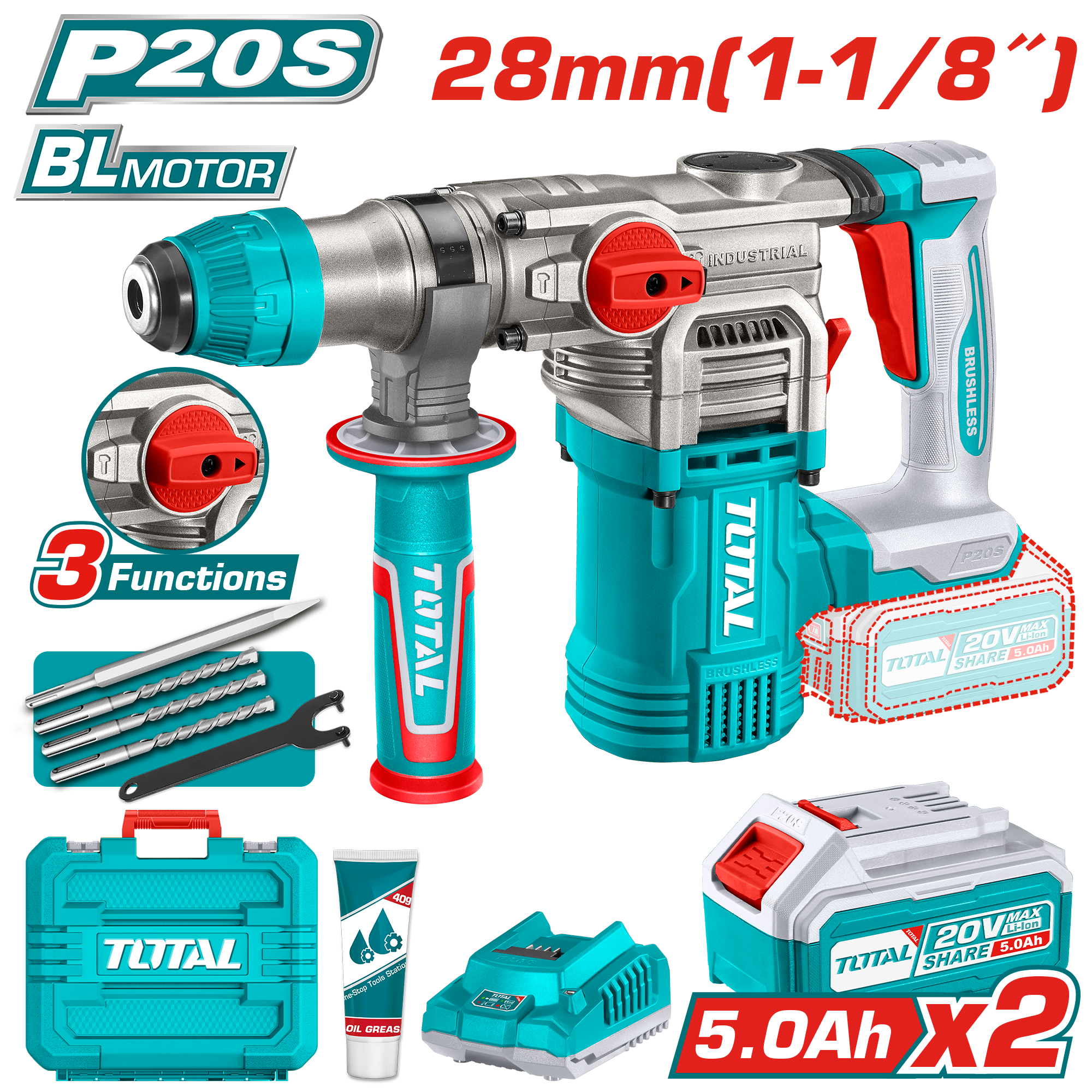 Çekiç-stërvitje përplasëse SDS+ 28mm 20V 2×5.0Ah TOTAL TRHLI202885