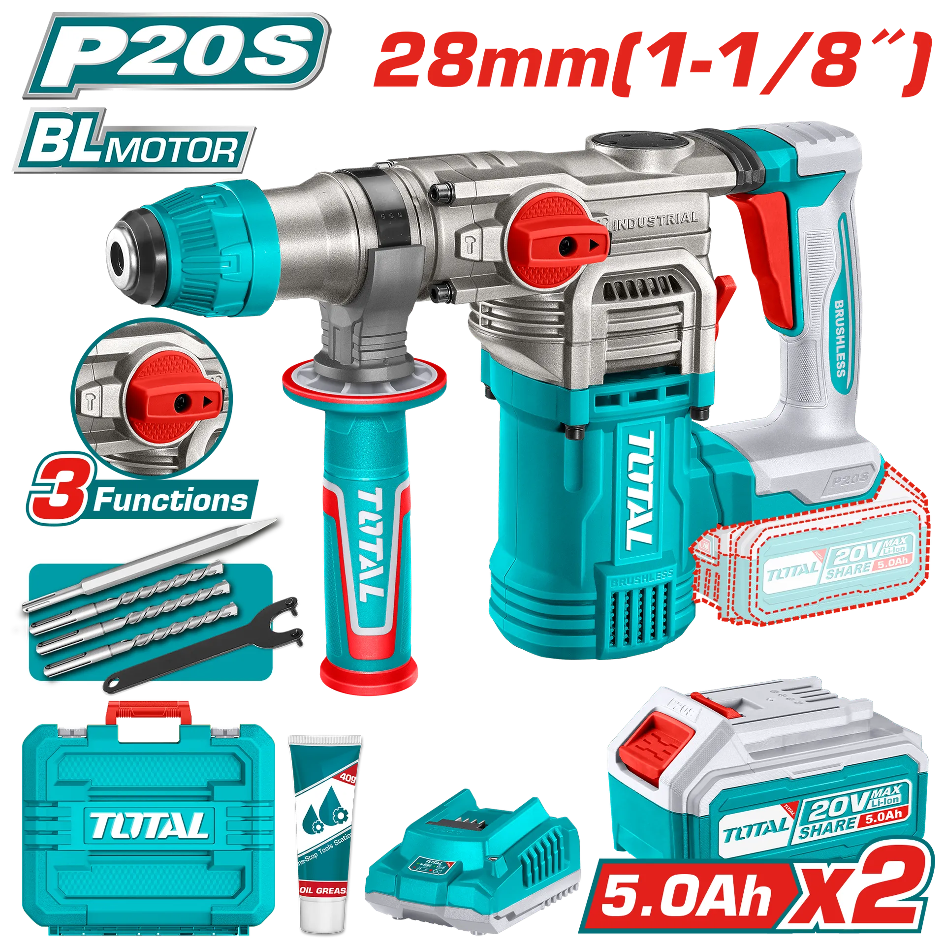Çekiç-stërvitje përplasëse SDS+ 28mm 20V 2×5.0Ah TOTAL TRHLI202885