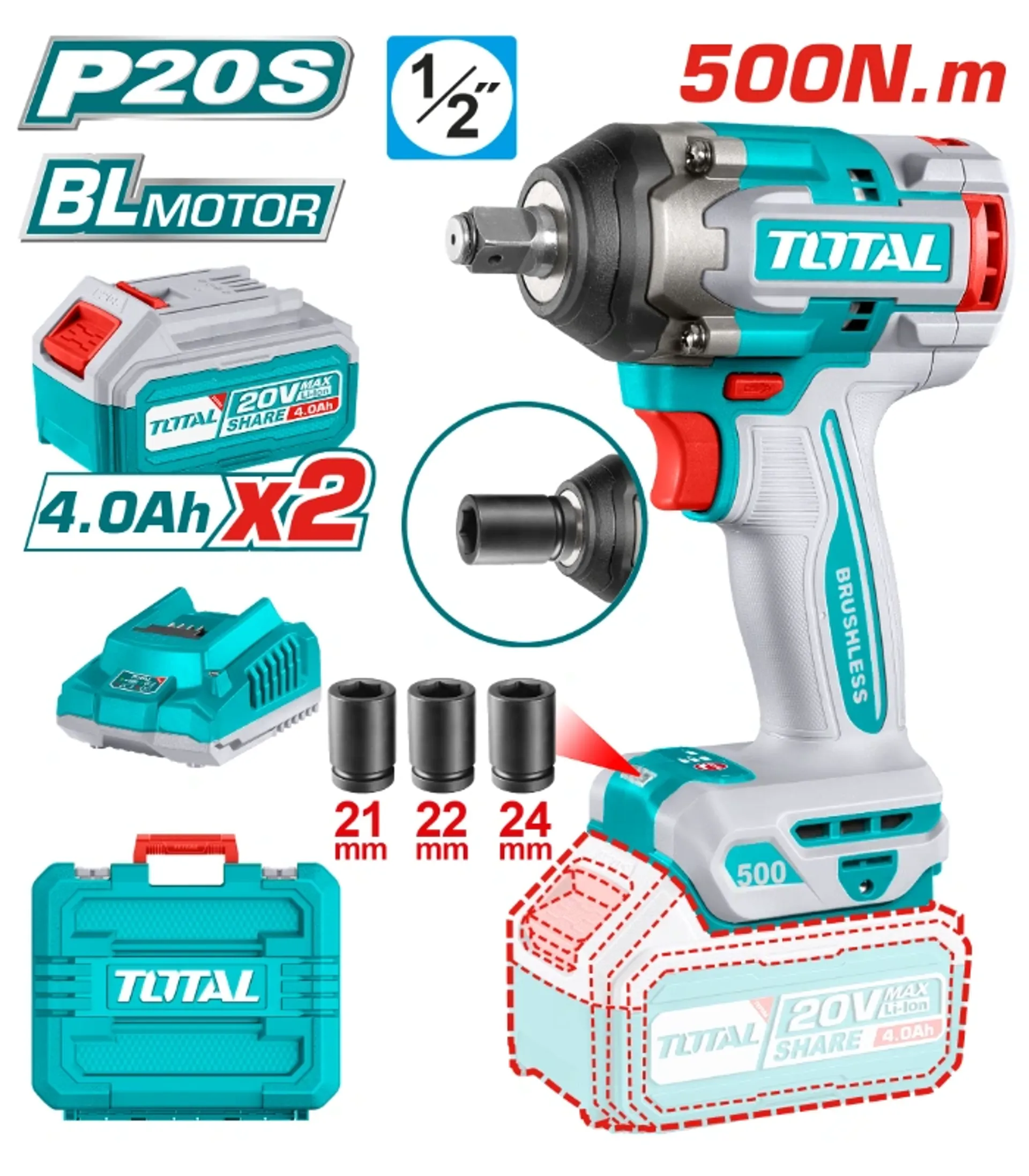 Driver goditës TOTAL 500Nm 20V 2×4.0Ah TIWLI2050(M)