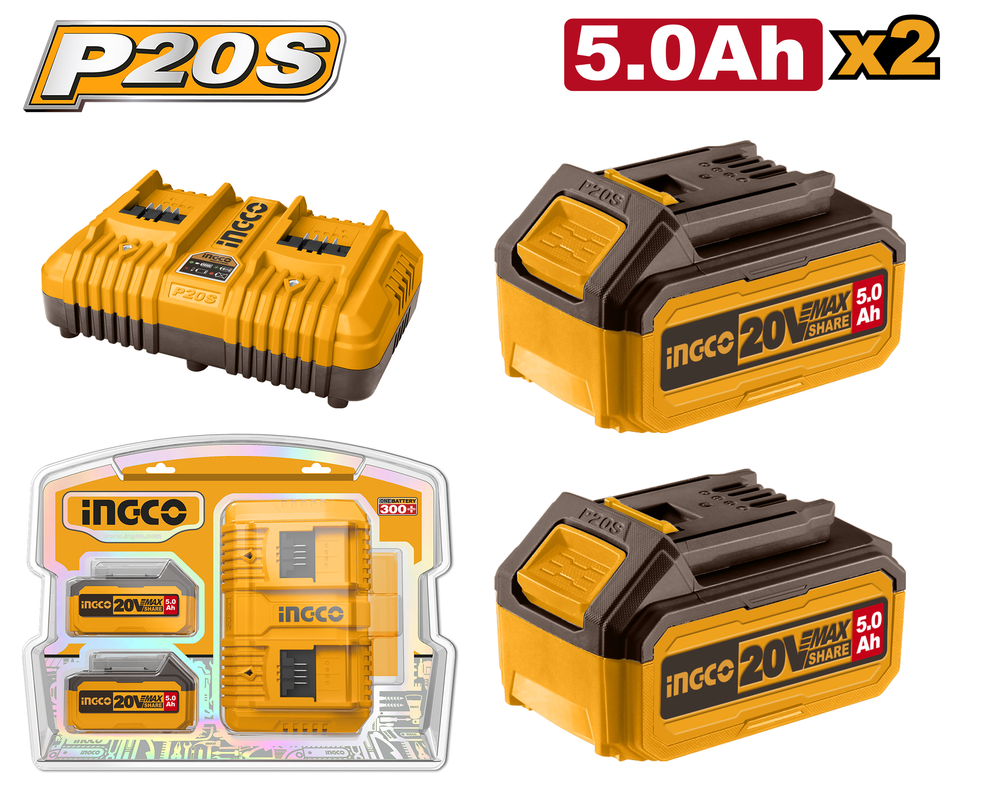 Set 2 bateri 20V 2x5.0Ah + karikues i dyfisht 4A INGCO FBCPK2425