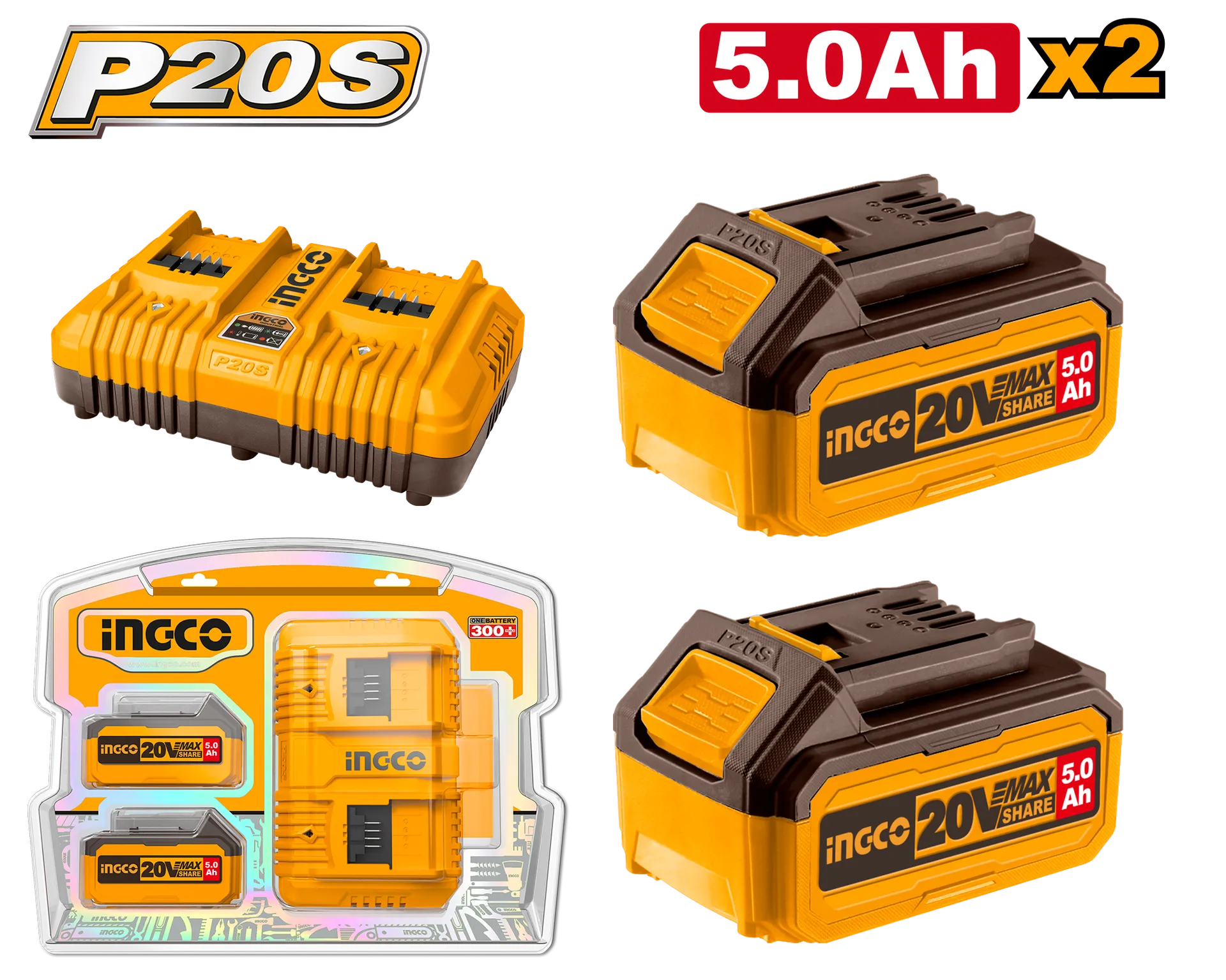 Set 2 bateri 20V 2x5.0Ah + karikues i dyfisht 4A INGCO FBCPK2425