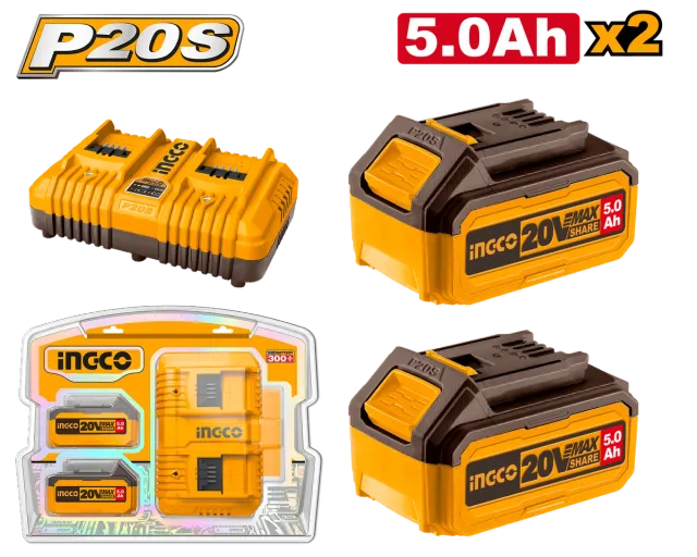 СЕТ 2 БАТЕРИИ 20V 2×5.0Ah + ДУПЛИ ПОЛНАЧ 4A INGCO FBCPK2425