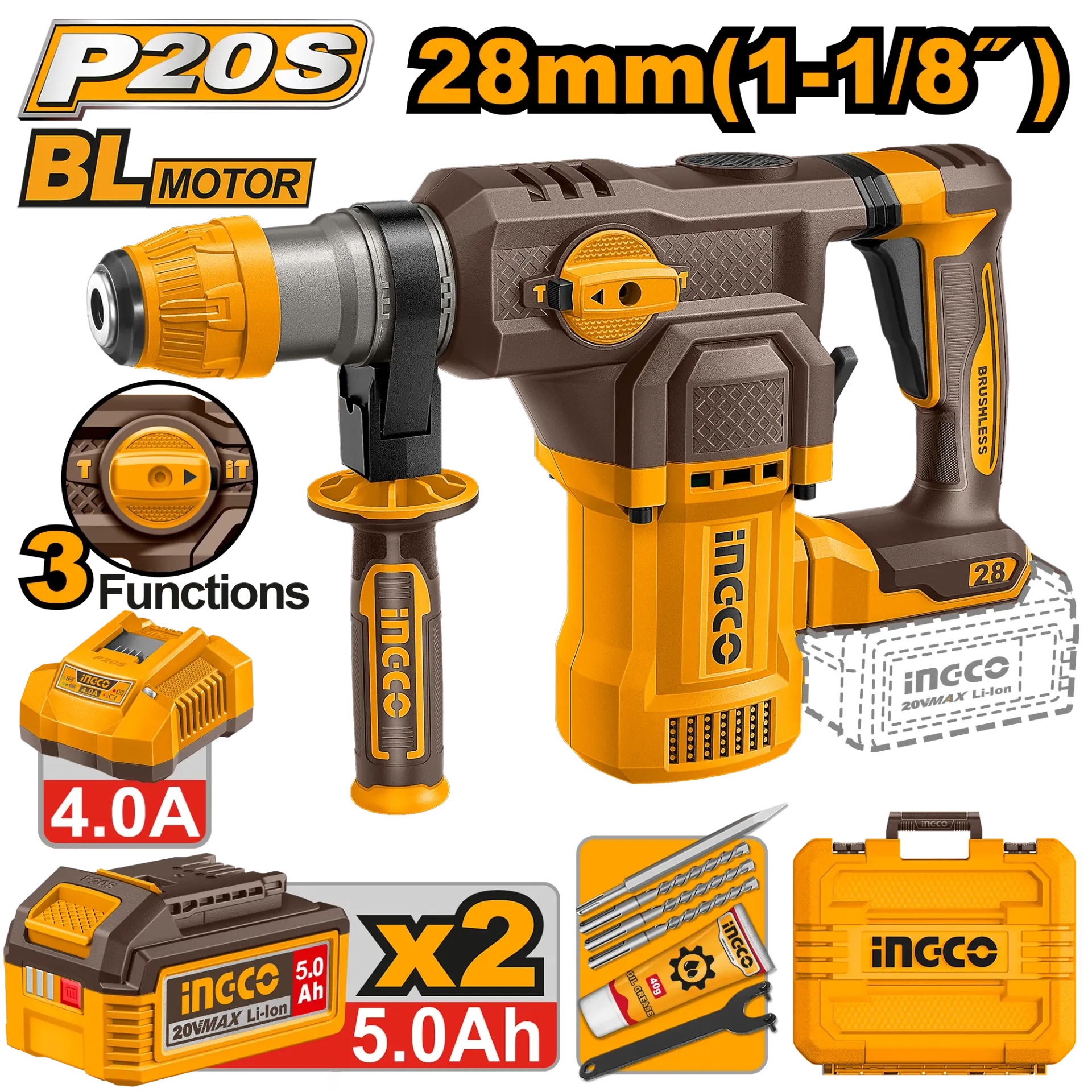 Çekiç goditës shpuese SDS+ 20V 2x5.0Ah 28mm INGCO CRHLI202862
