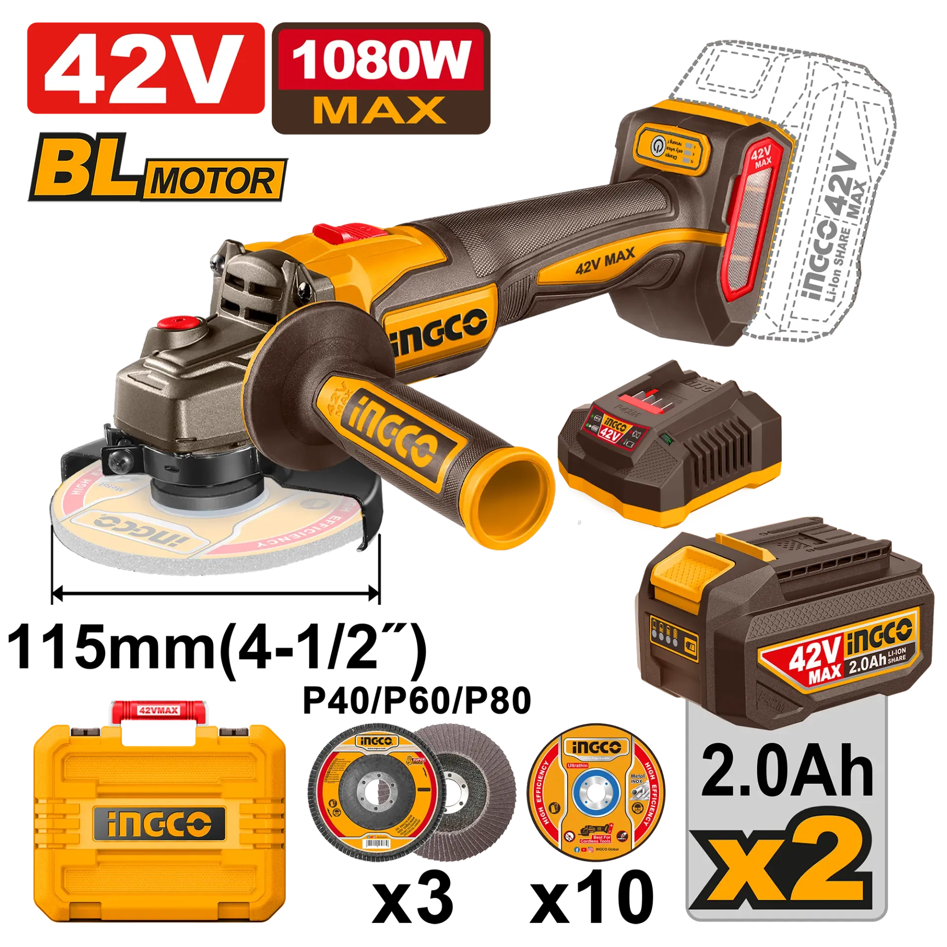 Bruese këndore INGCO 42V 1080W 115mm 2x2.0Ah CAGLI4108112