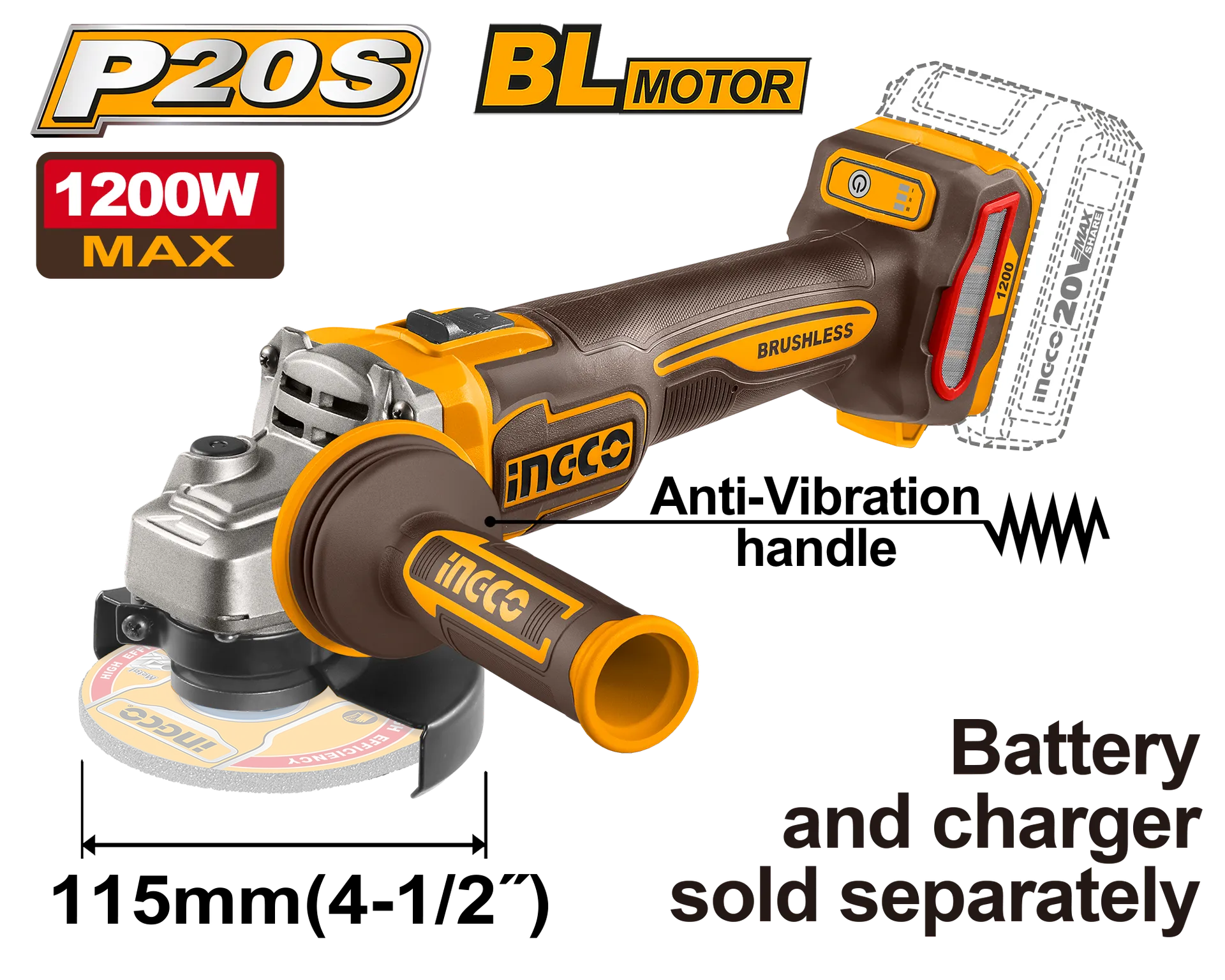 Brusi këndor 20V solo pa bateri 115mm 1200W BL dorezë antidridhe INGCO CAGLI212025