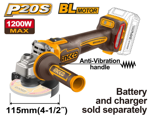 АГОЛНА БРУСИЛКА 20V СОЛО БЕЗ БАТЕРИИ 115mm 1200W BL АНТИВИБРАЦИСКА РАЧКА INGCO CAGLI212025