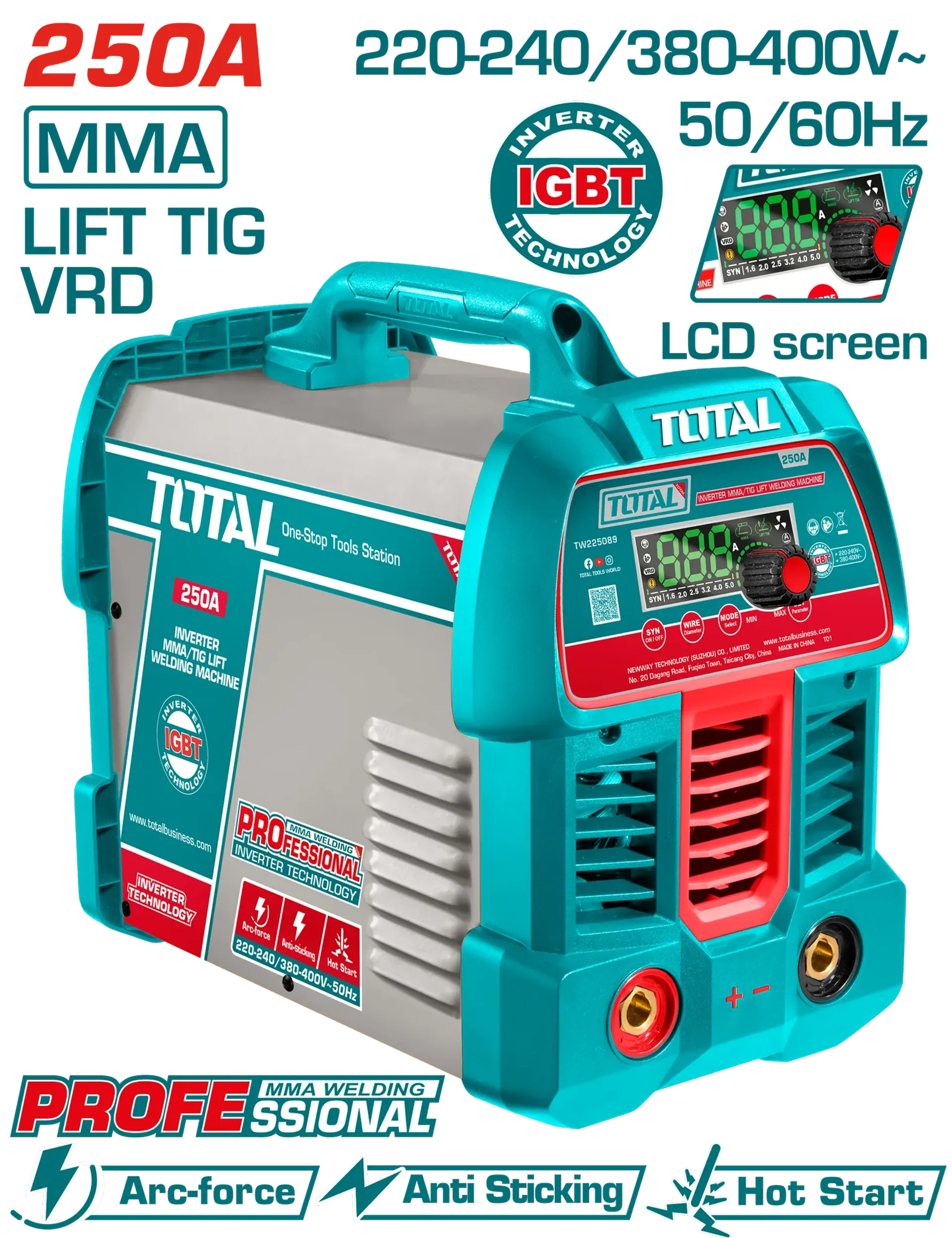 Aparat inverter për saldim 250A MMA+TIG ekran TOTAL TW225089