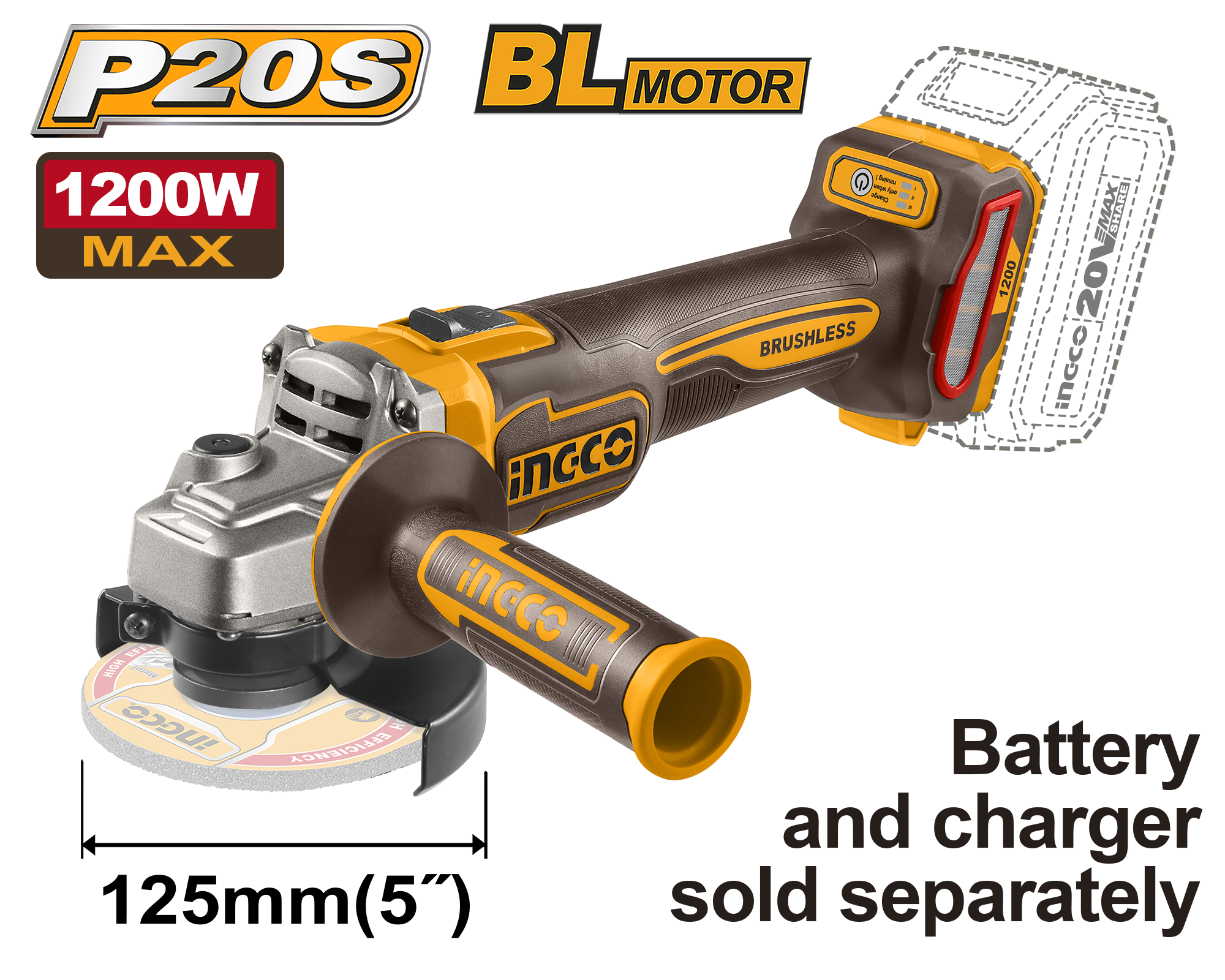 Grinder këndor 20V solo pa bateri 1200W BL INGCO CAGLI221253