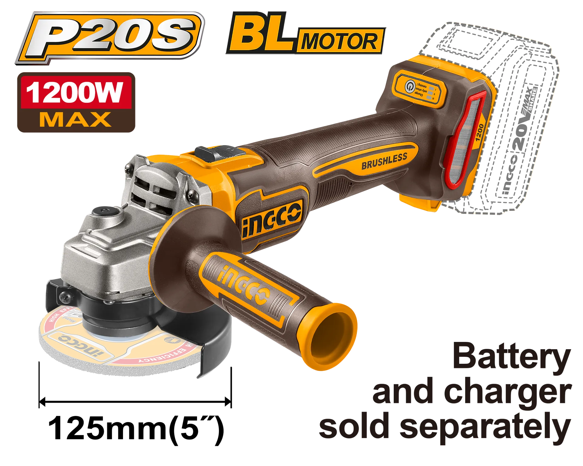 Grinder këndor 20V solo pa bateri 1200W BL INGCO CAGLI221253