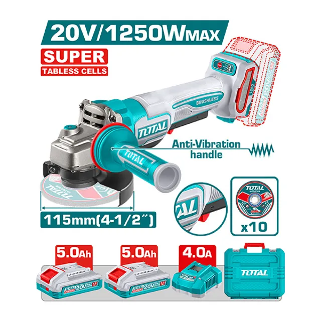 БАТЕРИСКА АГОЛНА БРУСИЛКА 20V 115mm 1250W MAX BRUSHLESS АНТИВИБРАЦИСКА (2×5.0Ah) TOTAL TAGLI235162