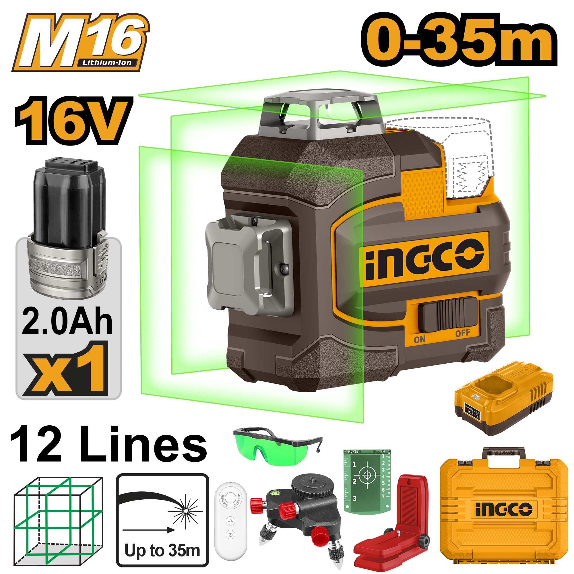 Laser nivelaturi 16V 0-35M 3D e gjelbër INGCO HLL301201