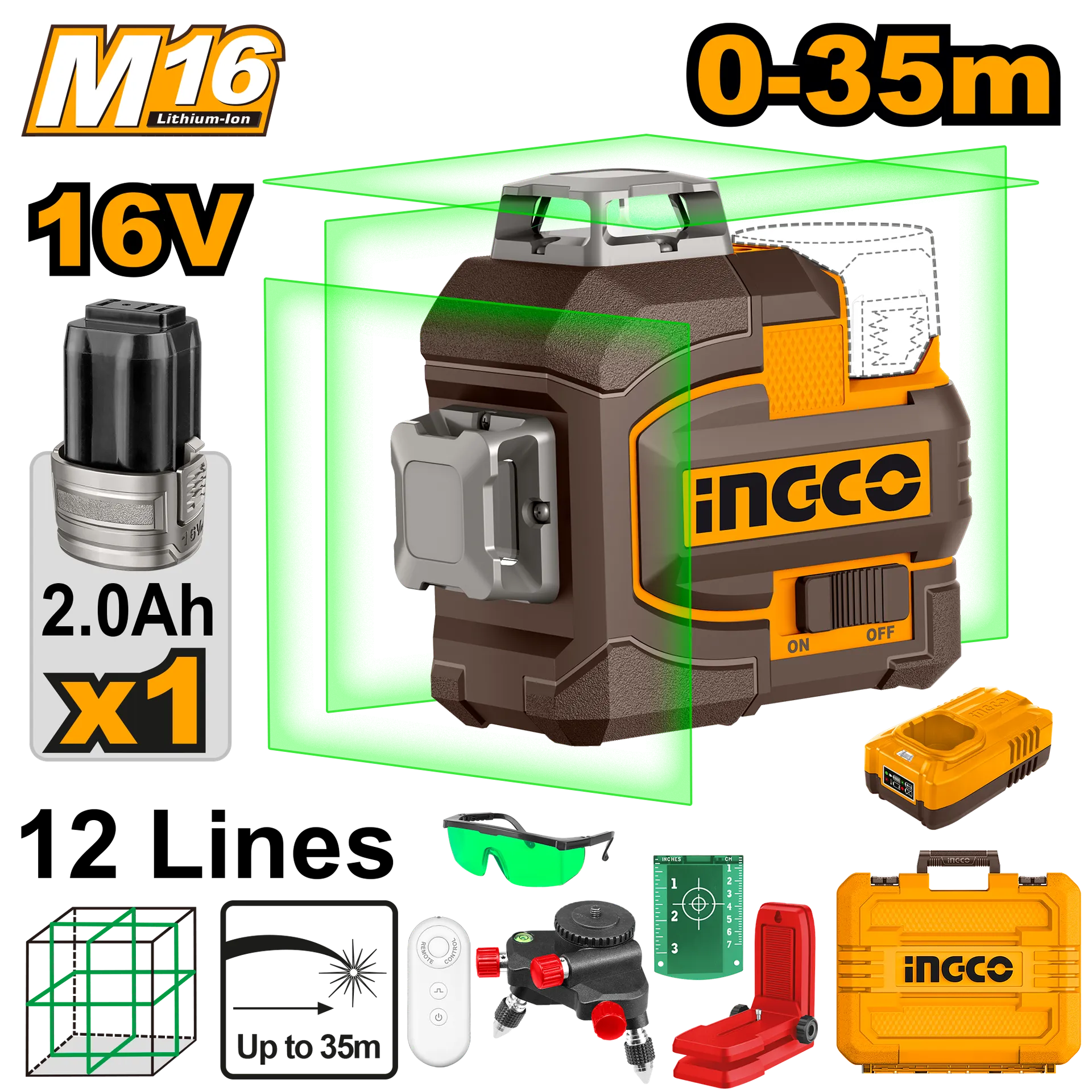 Laser nivelaturi 16V 0-35M 3D e gjelbër INGCO HLL301201