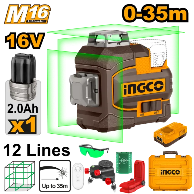 ЛАСЕР НИВЕЛАТОР 16V 0-35M 3D ЗЕЛЕН INGCO HLL301201