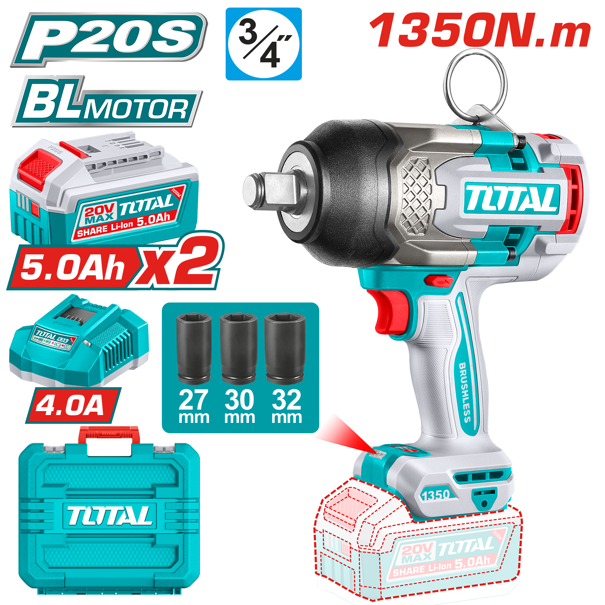 Përforcues i goditjes 20V 1350Nm 2×5.0Ah baterije TOTAL TIWLI20135