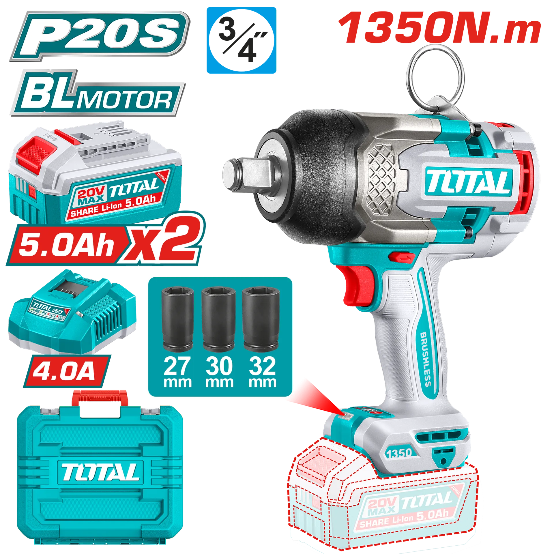 Përforcues i goditjes 20V 1350Nm 2×5.0Ah baterije TOTAL TIWLI20135