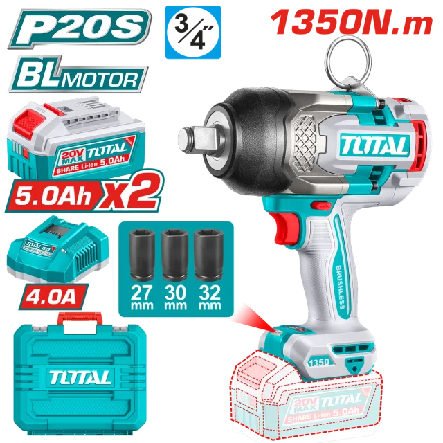 УДАРЕН ОДВРТУВАЧ 20V 1350Nm 2×5.0Ah БАТЕРИИ TOTAL TIWLI20135