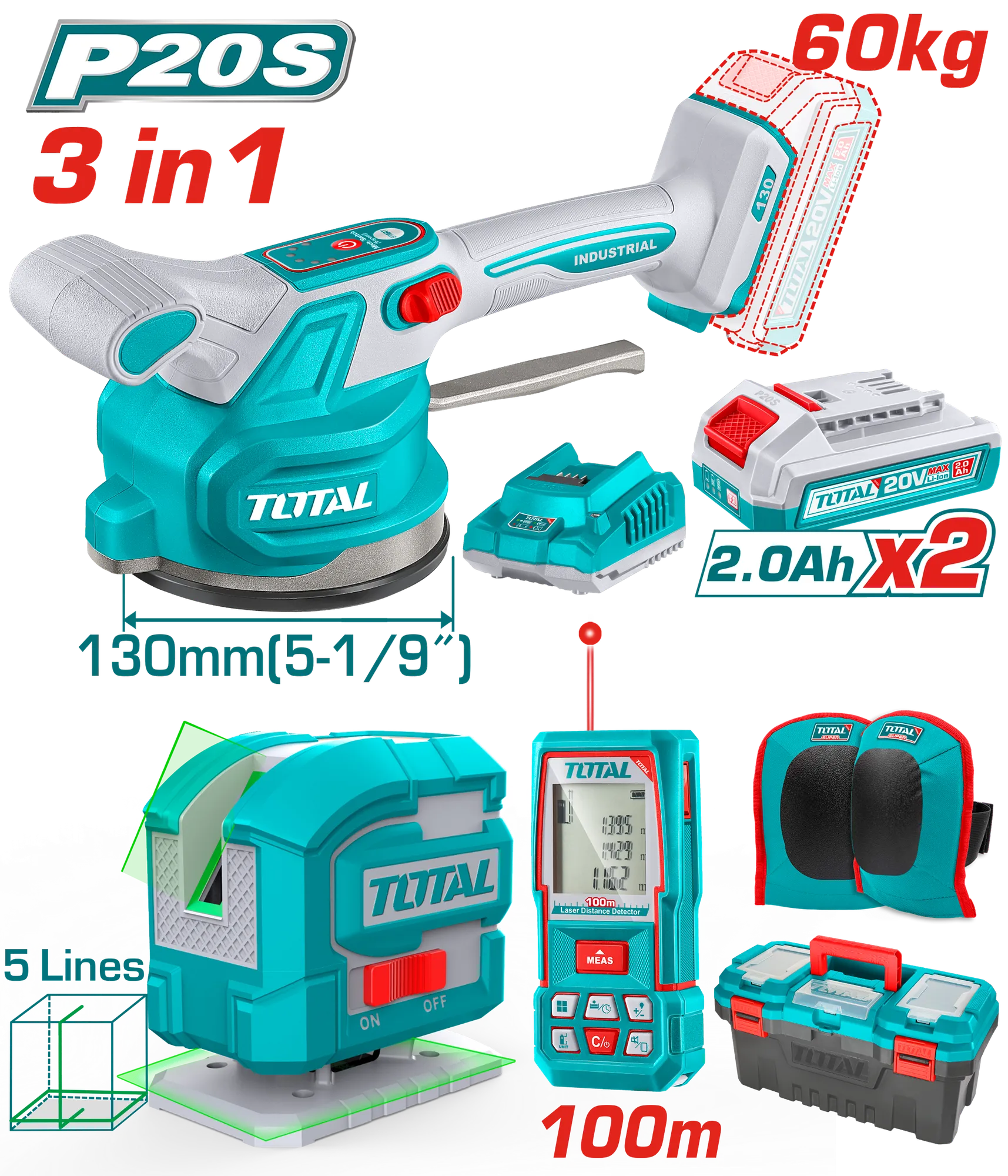 Set kombor baterie 3/1 20V 2×2.0Ah për shtrues pllakash TOTAL TOSLI250606
