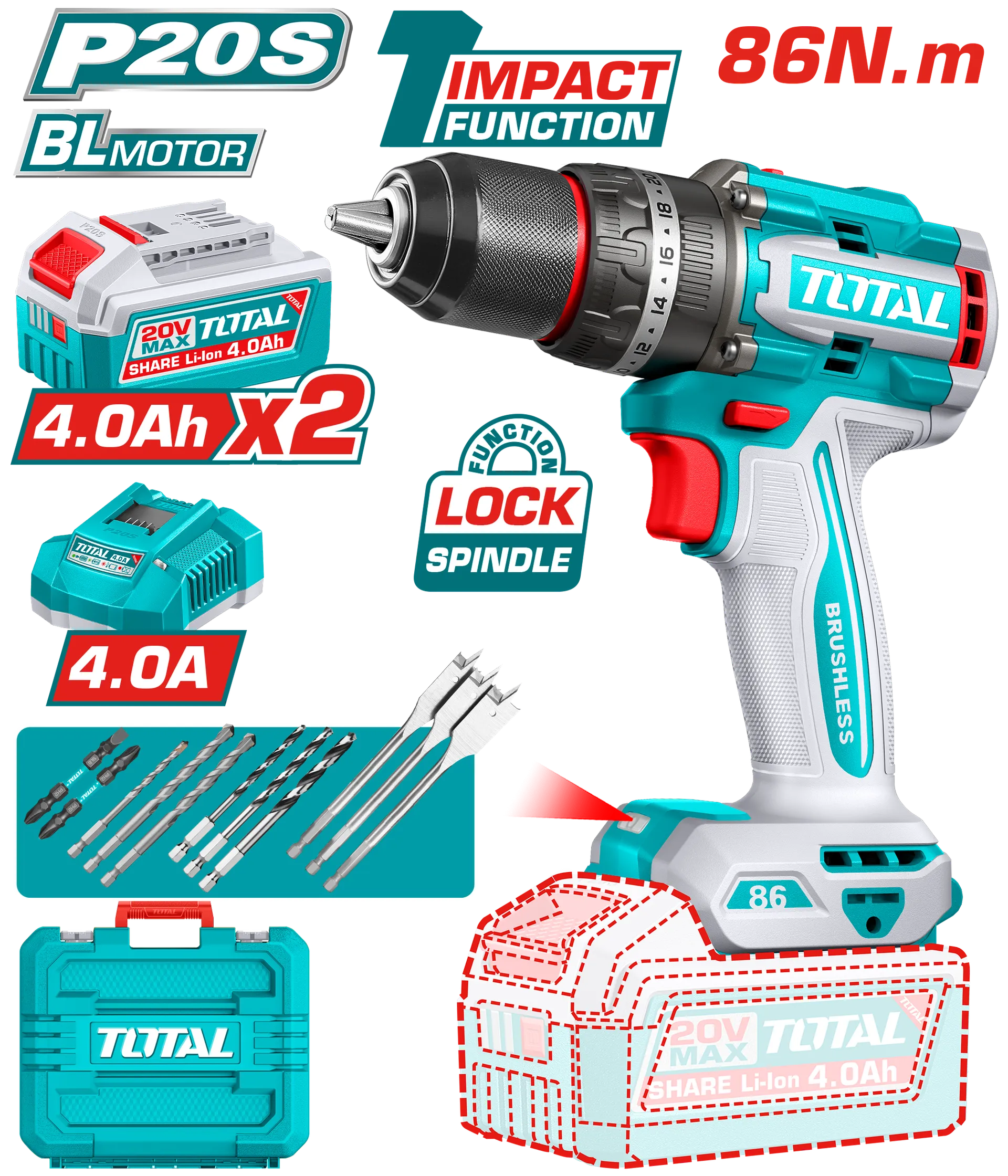 Çekiç-stërvitje 86Nm 20V 2×4.0Ah bateritë TOTAL TIDLI208682