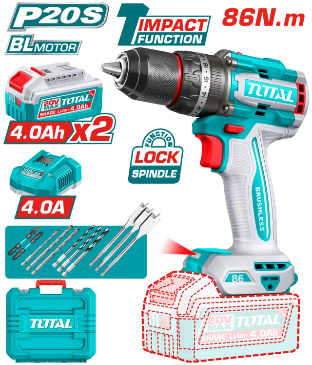 ШТРАФИЛИЦА 86Nm 20V 2×4.0Ah БАТЕРИИ TOTAL TIDLI208682