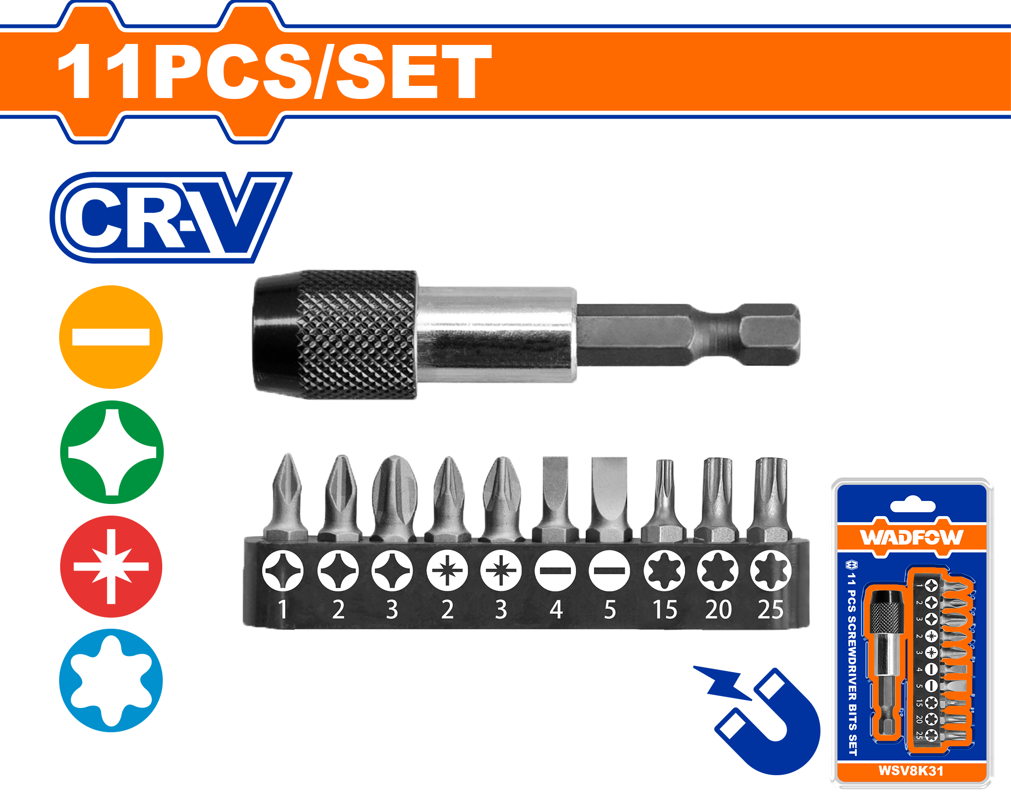 Mbajtëse magnetike për biti + set biti 11/1 WADFOW WSV8K31