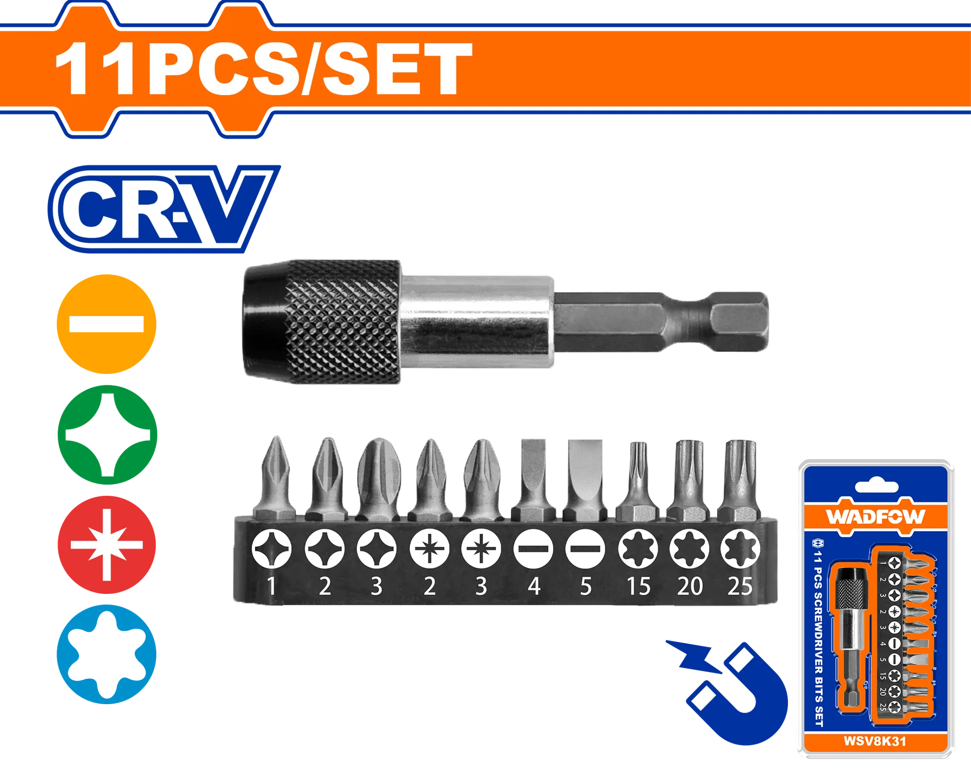 Mbajtëse magnetike për biti + set biti 11/1 WADFOW WSV8K31