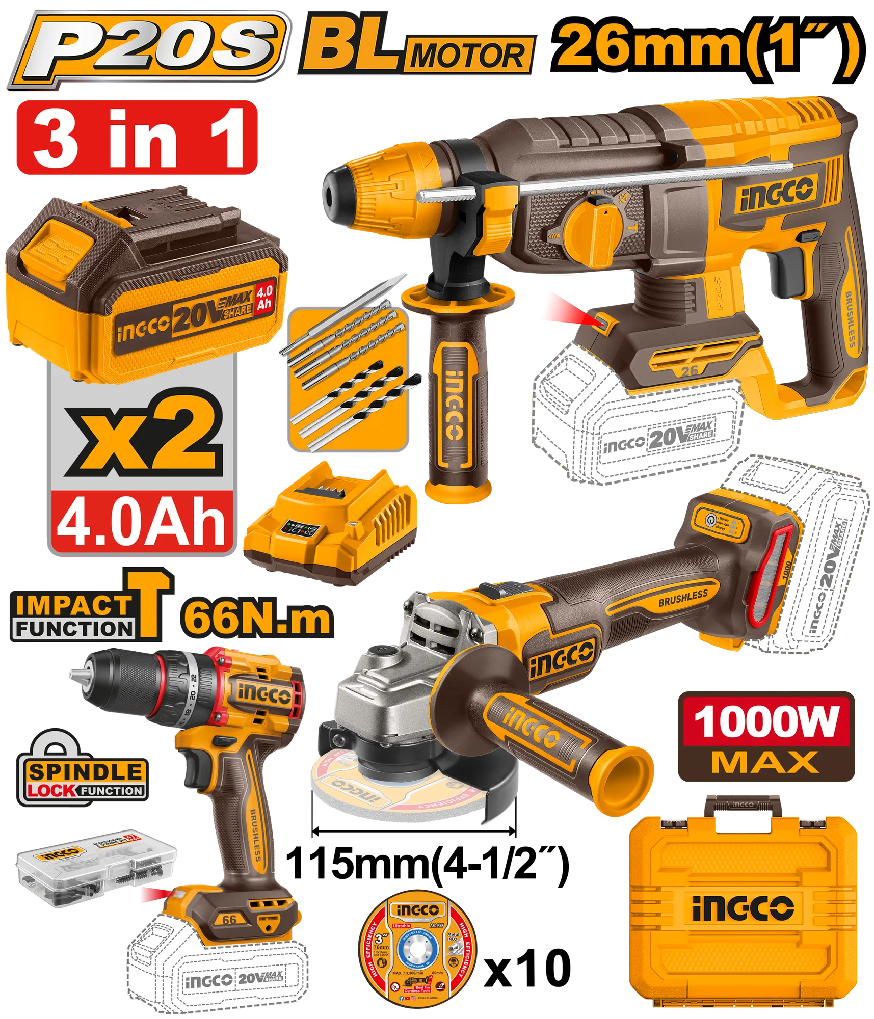 Seti combo baterik 3/1 INGCO 2x4.0Ah – COSLI241198