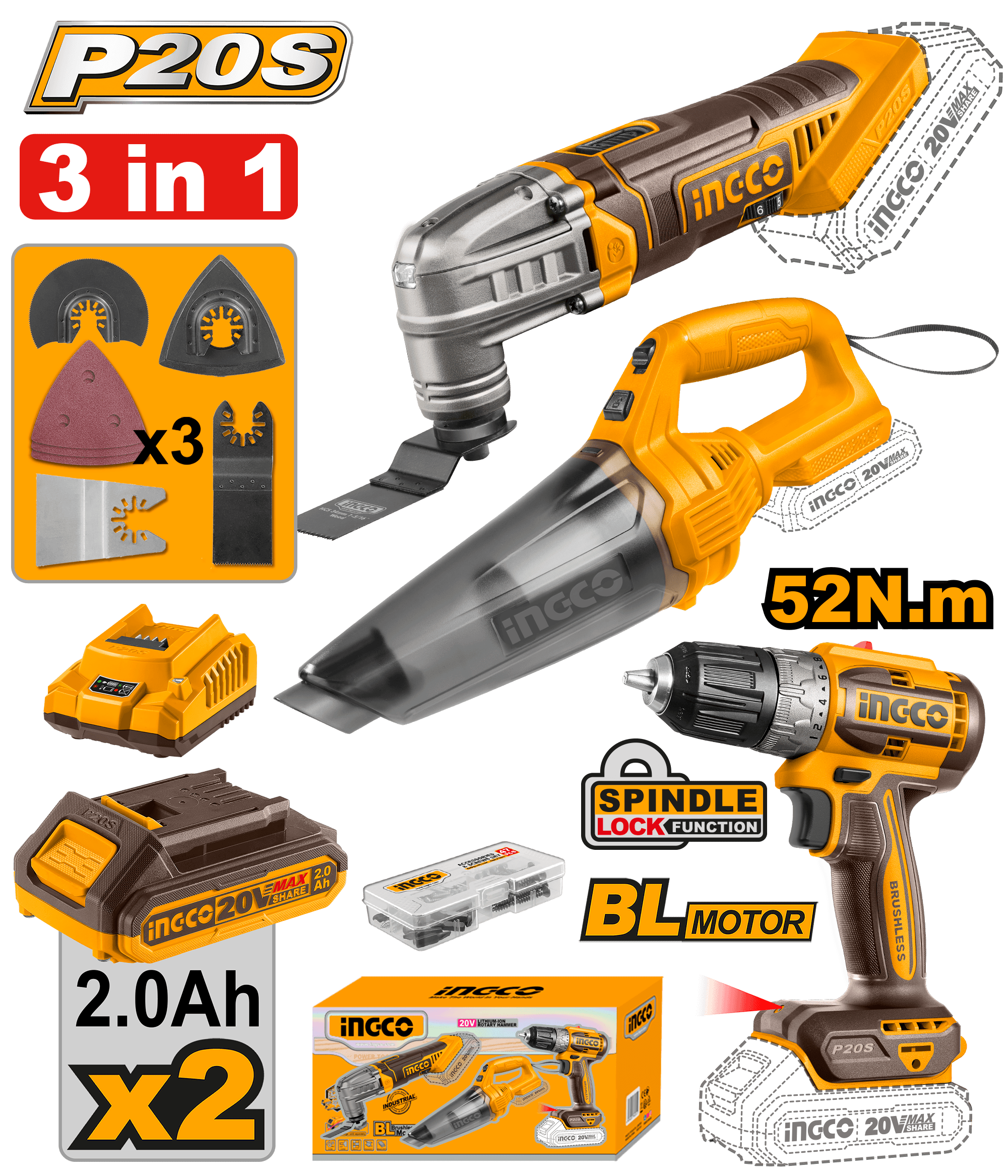 Combo set 3/1 20V Aspirator 0.5l + llambë - INGCO COSLI20668