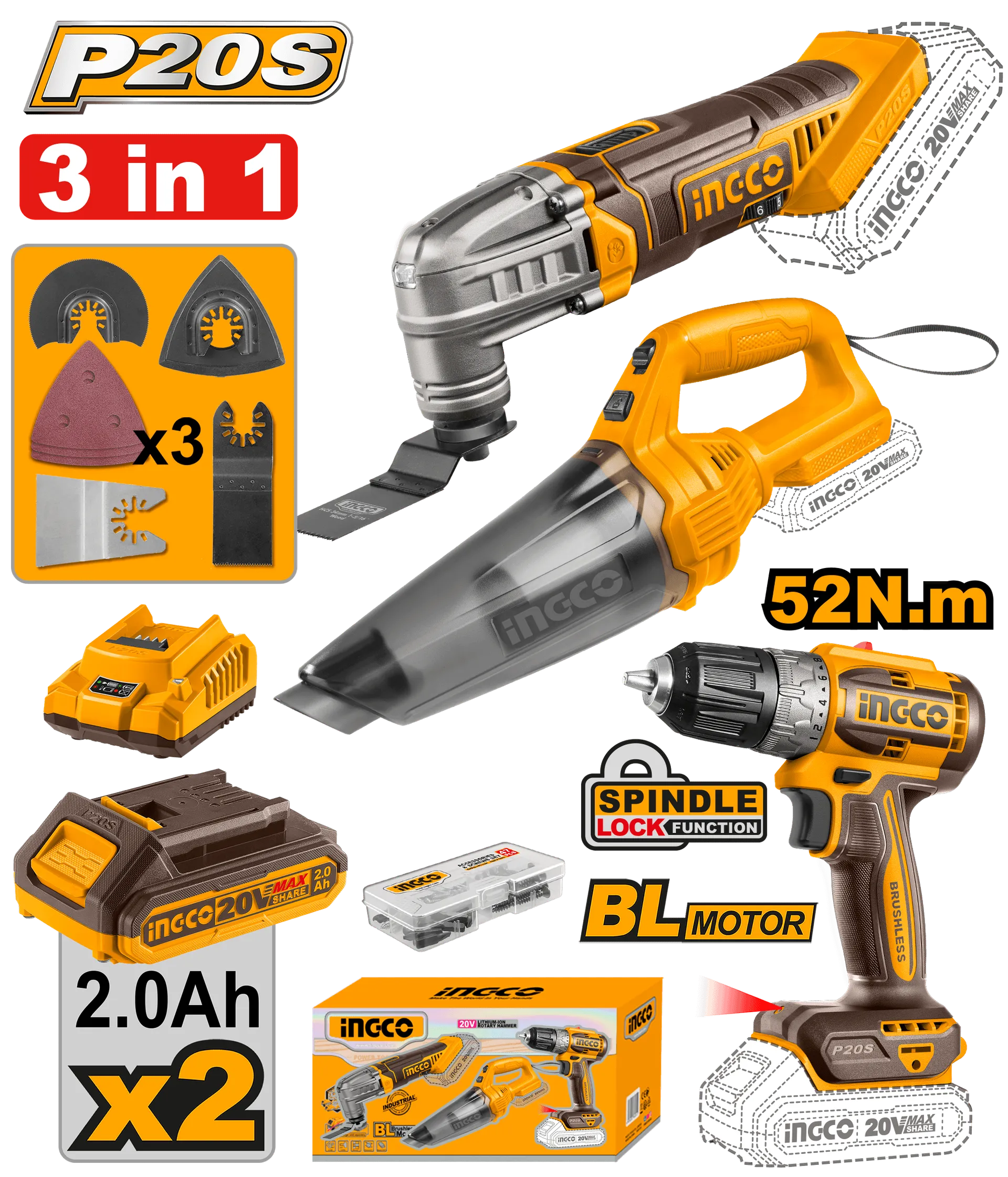 Combo set 3/1 20V Aspirator 0.5l + llambë - INGCO COSLI20668