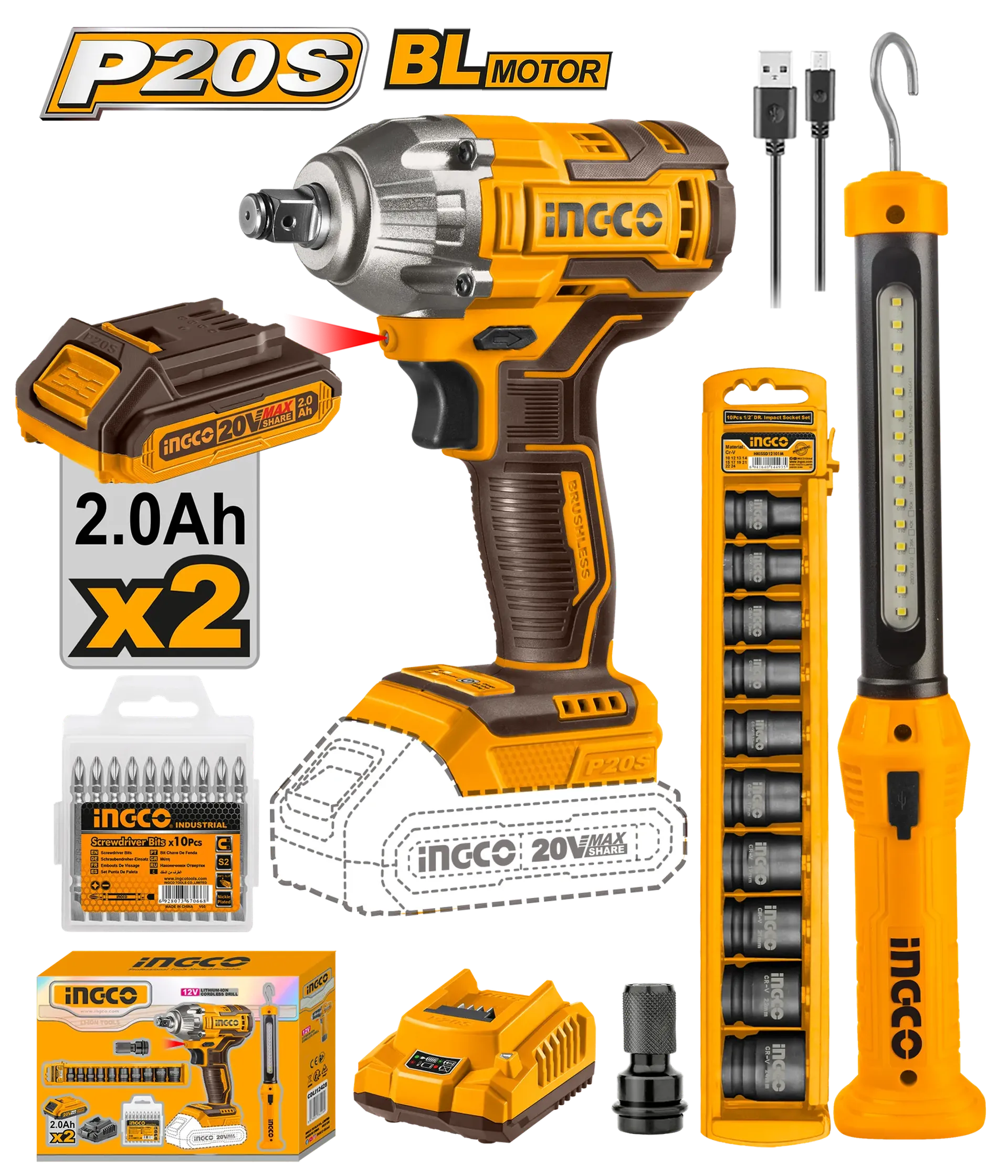 Çekiç gozhdar 20V 2x2.0Ah + kaçavele + drita INGCO COSLI23011
