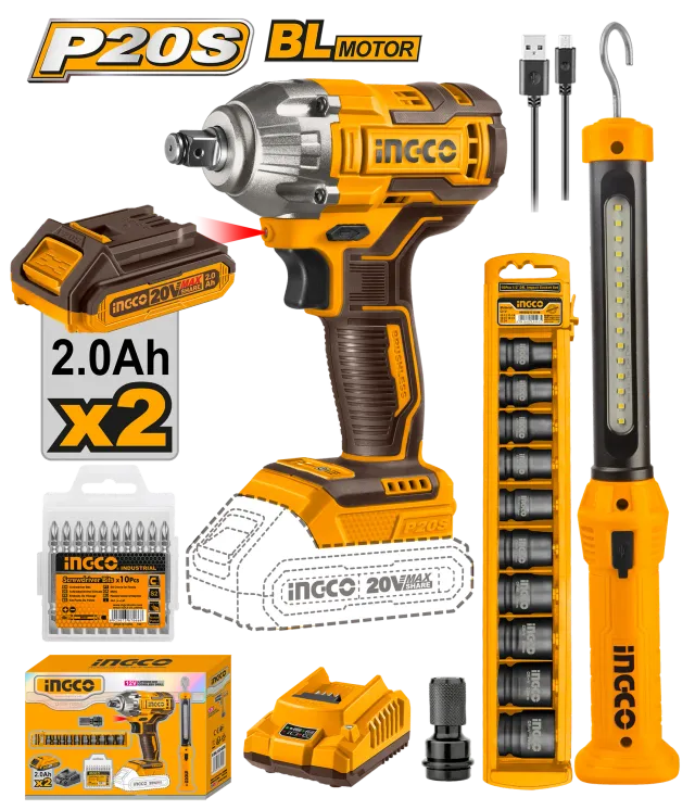 УДАРЕН ОДВРТУВАЧ 20V 2×2.0Ah + КРЦКАЛКА + СВЕТИЛКА INGCO COSLI23011