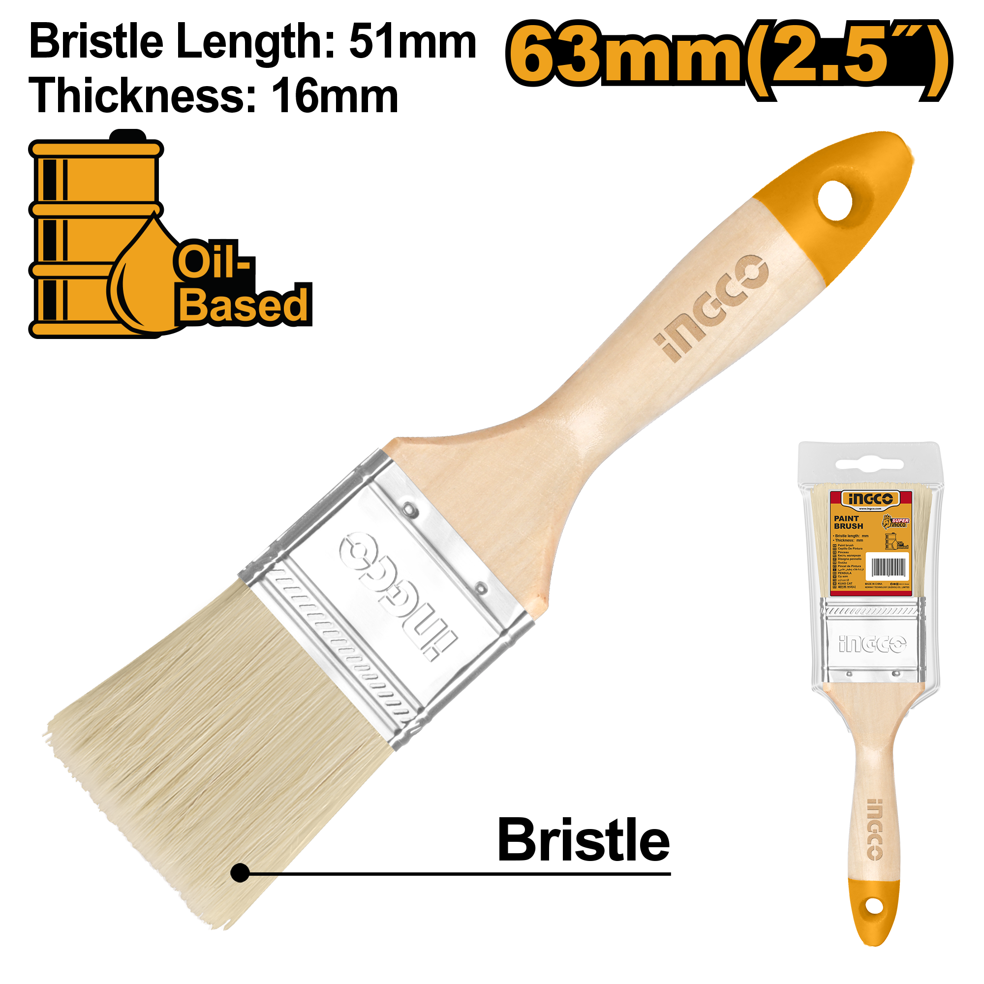 Furçë për pikturë dorezë druri INGCO 2.5″ 63mm CHPTB0125