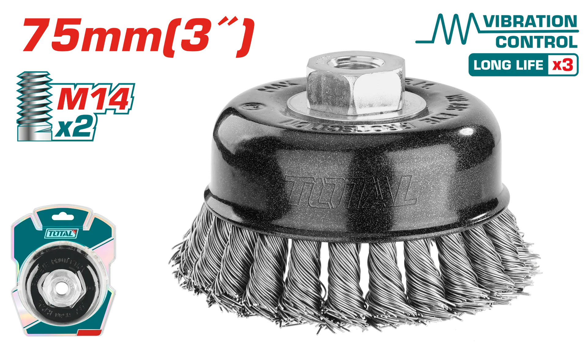 Furçë metal 75mm për grinder këndore M14x2 TOTAL TAC32035