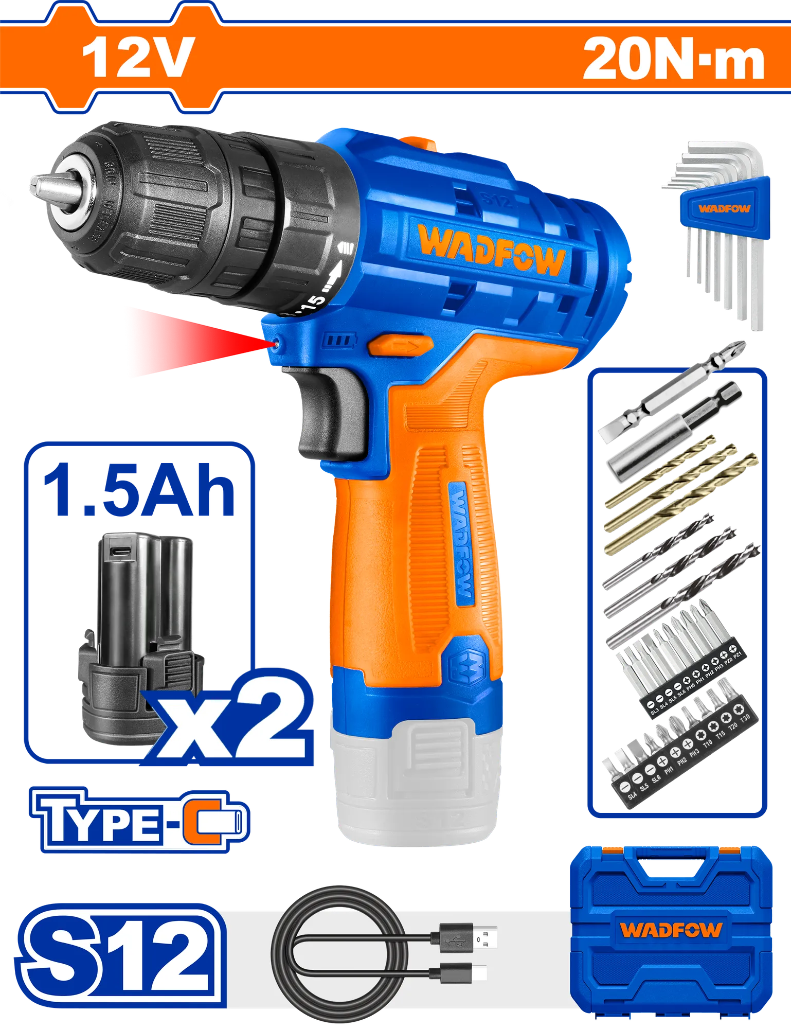 Shrafitëse 12V 20Nm 2x1.5Ah bateri WADFOW WCDS525