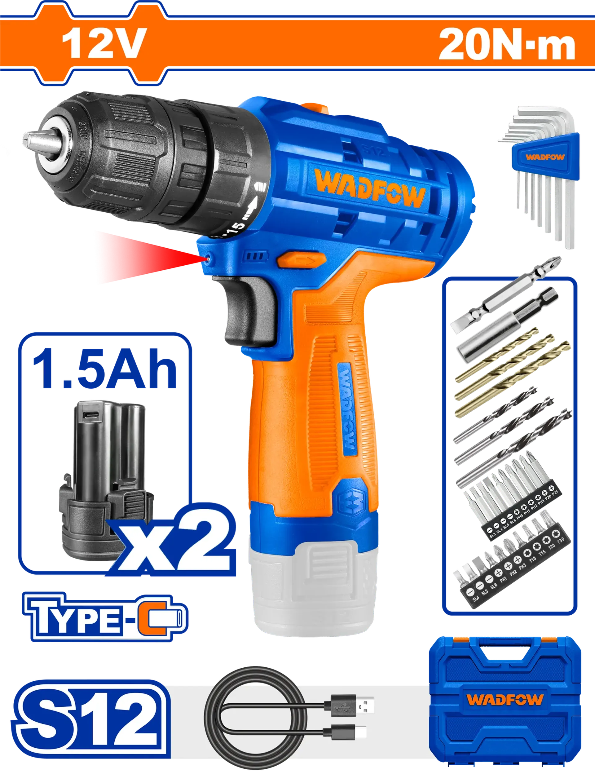 Shrafitëse 12V 20Nm 2x1.5Ah bateri WADFOW WCDS525