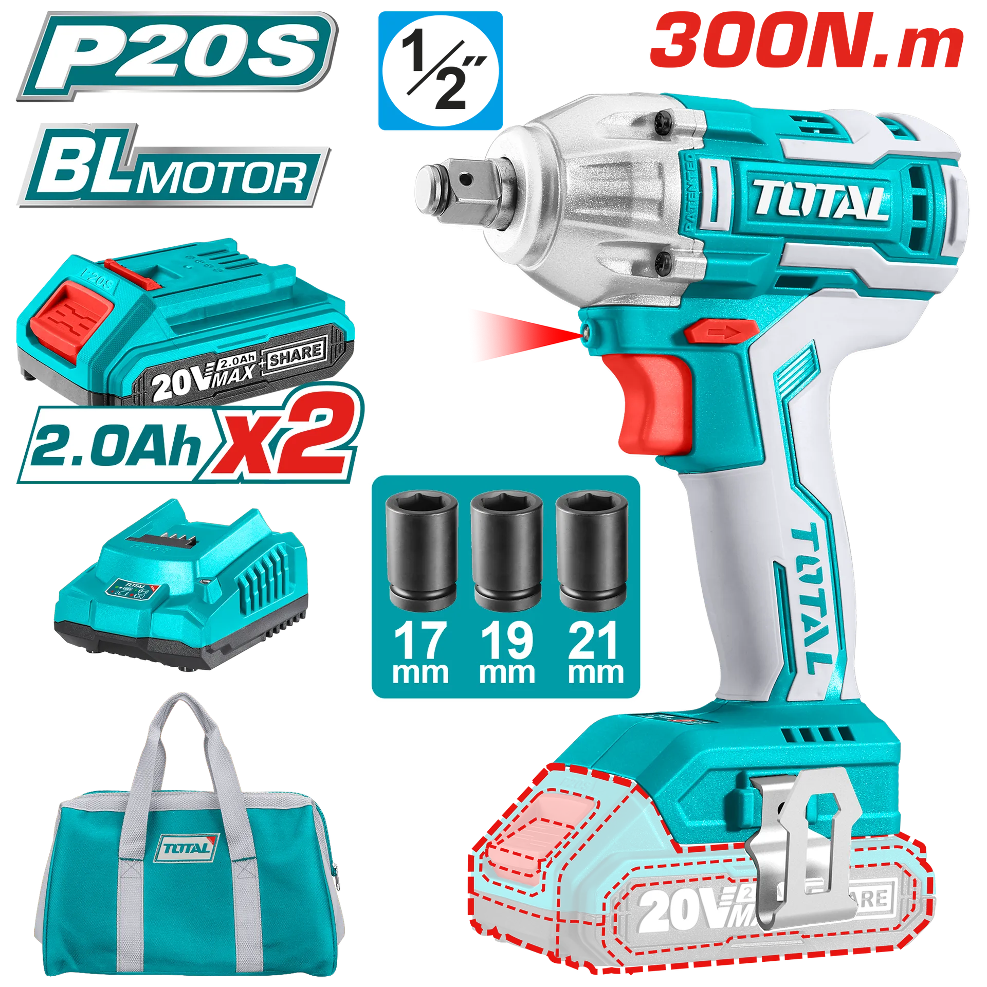 Driver-i i goditjeve 300Nm 20V 2×2.0Ah baterite TOTAL TIWLI2001