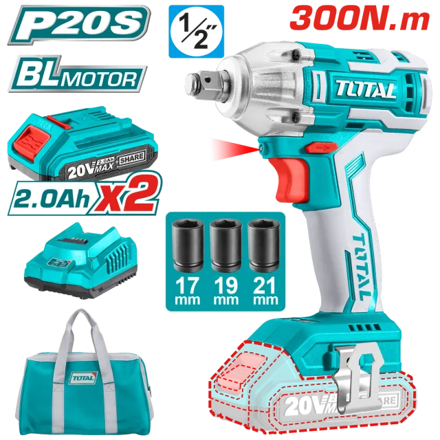 УДАРЕН ОДВРТУВАЧ 300Nm 20V 2×2.0Ah БАТЕРИИ TOTAL TIWLI2001