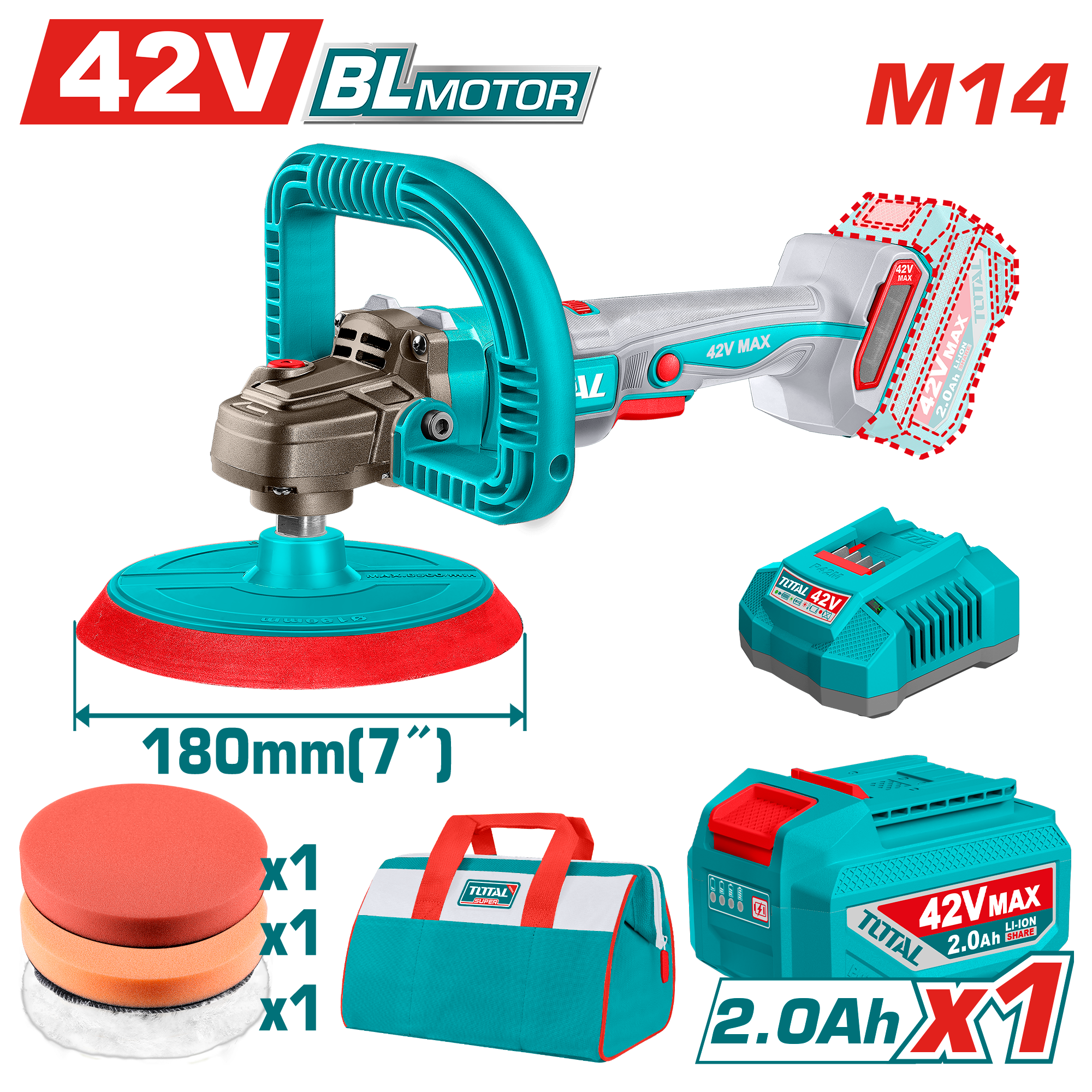 БАТЕРИСКА ПОЛИРКА 42V 180mm 1×2.0A TOTAL TAPLI42181
