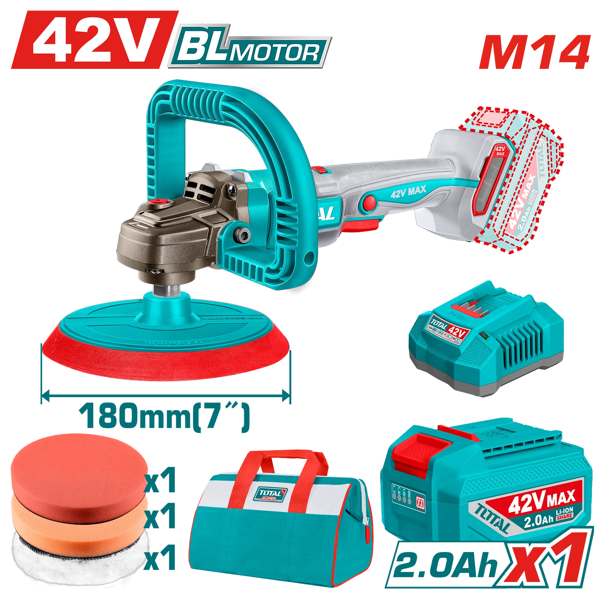 БАТЕРИСКА ПОЛИРКА 42V 180mm 1×2.0A TOTAL TAPLI42181