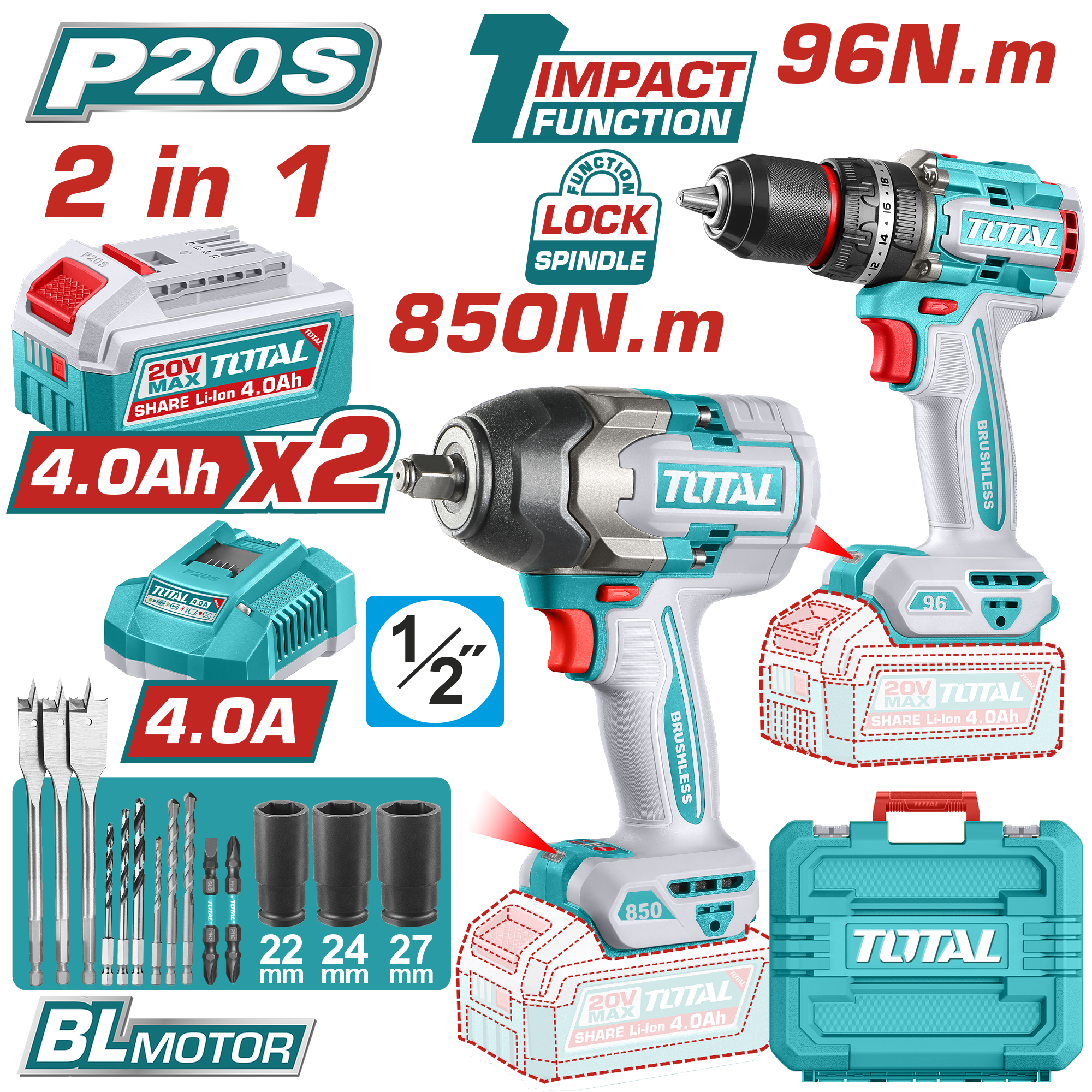 COMBO СЕТ 2/1 УДАРЕН ОДВРТУВАЧ 850Nm + ШТРАФИЛИЦА 96Nm 2×4.0Ah TOTAL TOSLI250586