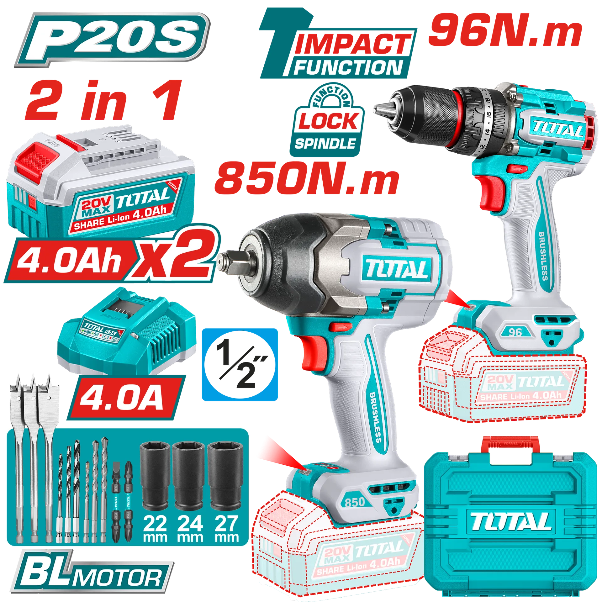 COMBO СЕТ 2/1 УДАРЕН ОДВРТУВАЧ 850Nm + ШТРАФИЛИЦА 96Nm 2×4.0Ah TOTAL TOSLI250586
