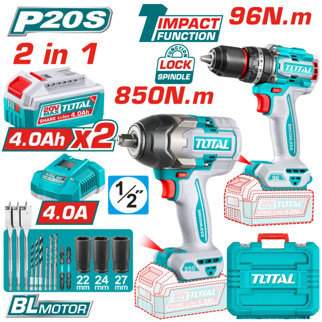 COMBO СЕТ 2/1 УДАРЕН ОДВРТУВАЧ 850Nm + ШТРАФИЛИЦА 96Nm 2×4.0Ah TOTAL TOSLI250586
